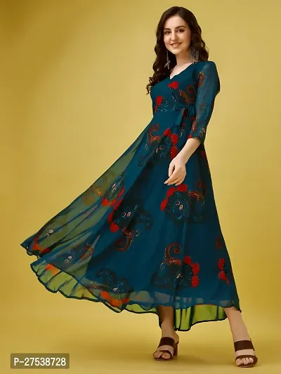 Fashion2wear Women's Georgette Casual Floral Digital Print V-Neck 3/4 Sleeve Knee-Length Fit  Flare Long Maxi Gown Dress