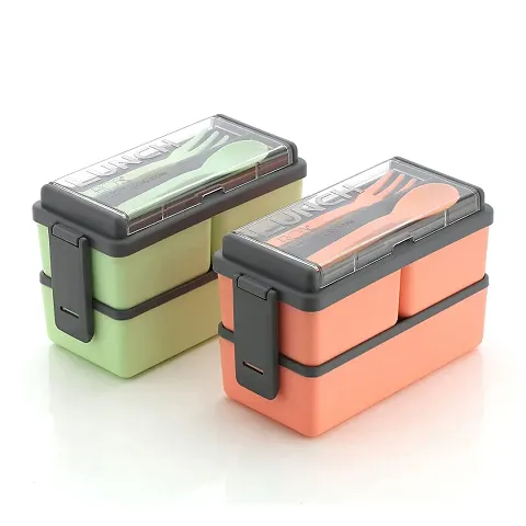 Shree Ram Doot 3-in-1 Compartment Lunch Box for Adults, Microwave Safe Lunch Boxes (Pack of 2, Orange) (Orange and Green)