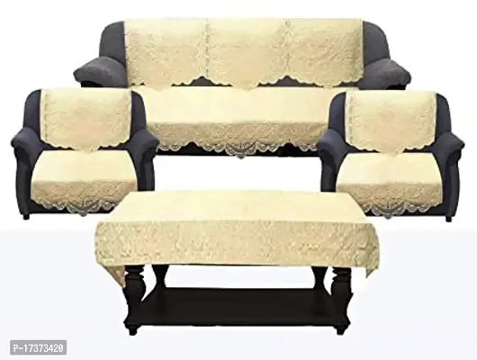 Rudrakash Textile Luxurious Cotton Net Floral Sofa Cover Set of 5 Seater with Table Cover Sofa Soft  Long-Life Fabric Slipcover Pack of 10+1 Pieces 3 Seater and 2 Seater Sofa Cover Cream-thumb0