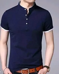 Rudrakash Textile Mens Cotton| Half Sleeve Regular Fit Ban Collar Tshirt (Blue) L Size-thumb1