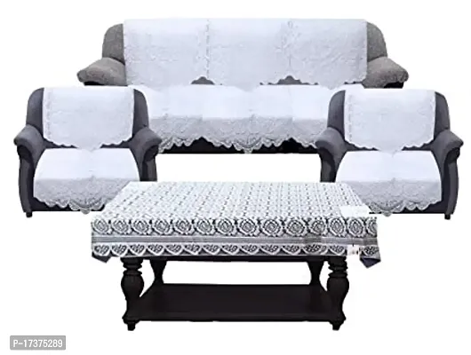 Rudrakash Textile Luxurious Cotton Net Floral Sofa Cover Set of 5 Seater with Table Cover Sofa Soft  Long-Life Fabric Slipcover Pack of 10+1 Pieces 3 Seater and 2 Seater Sofa Cover White-thumb0