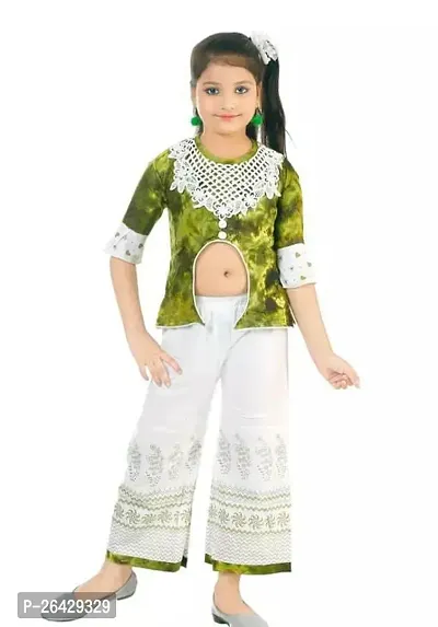 Fabulous Green Rayon Printed Top With Bottom For Girls