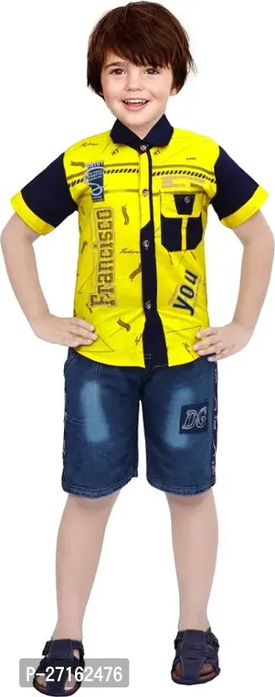 Stylish Yellow Cotton Printed Shirts with Shorts Set For Boys-thumb0