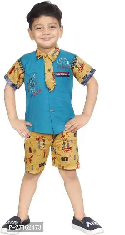 Stylish Blue Cotton Printed Shirts with Shorts Set For Boys