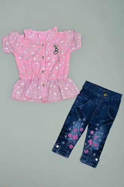 Nazrana Girls Denim Casual T-Shirt and Jeans Set