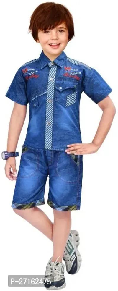 Stylish Blue Cotton Printed Shirts with Shorts Set For Boys-thumb0