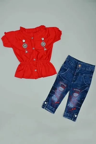 Nazrana Girls Denim Casual T-Shirt and Jeans Set