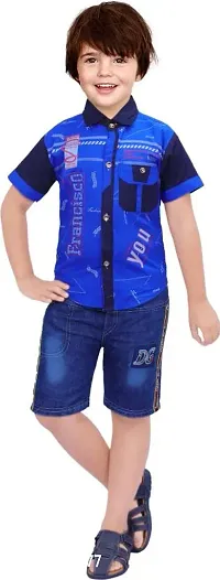 Stylish Blue Cotton Printed Shirts with Shorts Set For Boys-thumb0