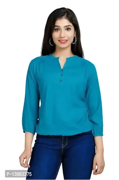 Women's Solid Color Rayon Regular Fit Casual Top for Women Girl (Small, Blue)-thumb0