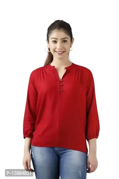 Women's Solid Color Rayon Regular Fit Casual Top for Women Girl (Large, Red)