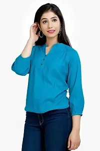 Women's Solid Color Rayon Regular Fit Casual Top for Women Girl (Small, Blue)-thumb4