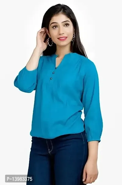 Women's Solid Color Rayon Regular Fit Casual Top for Women Girl (Small, Blue)-thumb5