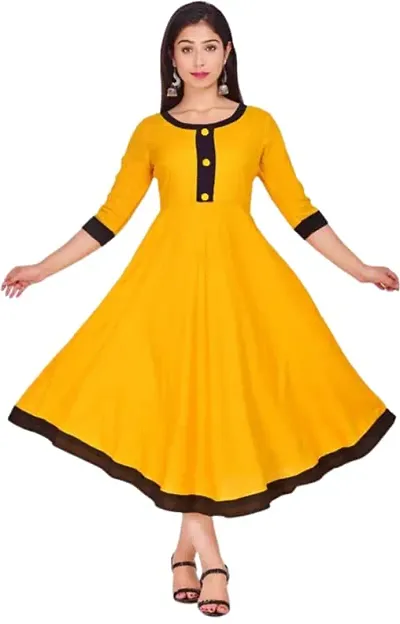 Women's Anarkali Solid Rayon Fit Flared Kurta Kurtis for Women (Small, Yellow)