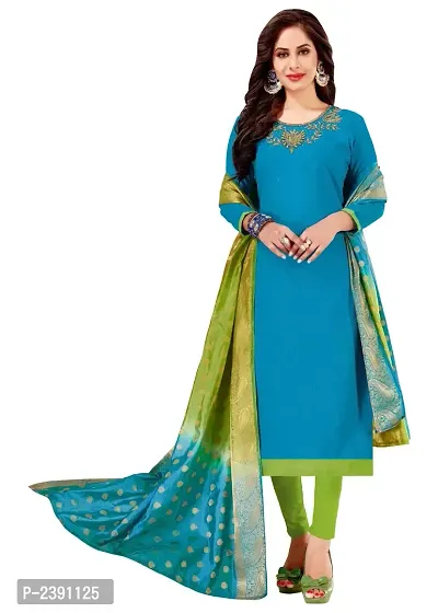 Women's Sky Blue Embroidered Cotton Slub Dress Material