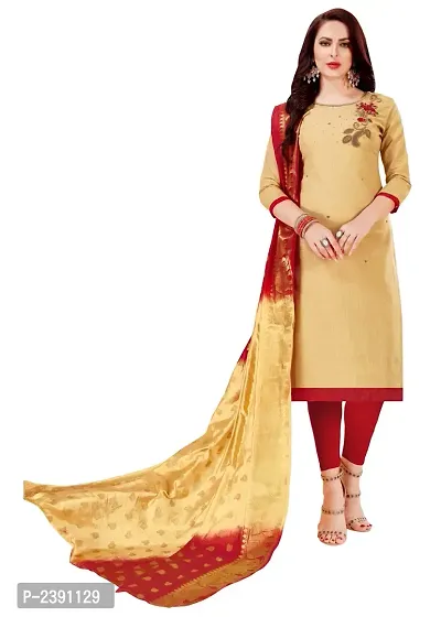 Women's Beige Embroidered Cotton Slub Dress Material