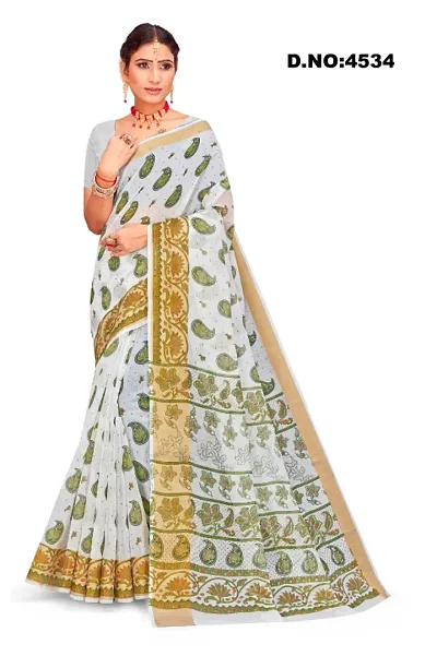 Glamorous Cotton Blend Saree with Blouse piece 