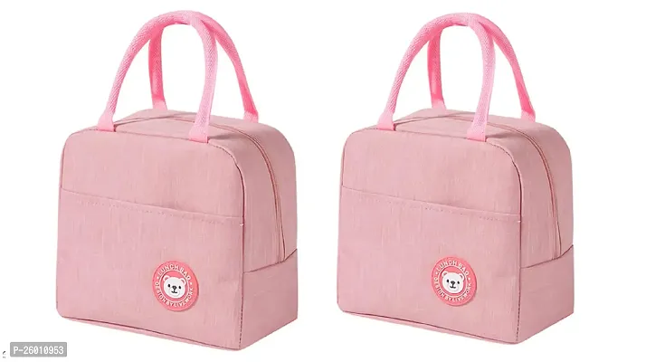 Stylish Pink Polyester Solid Tote Bags, Portable Lunch Bag For Men And Women Pack Of 2-thumb0