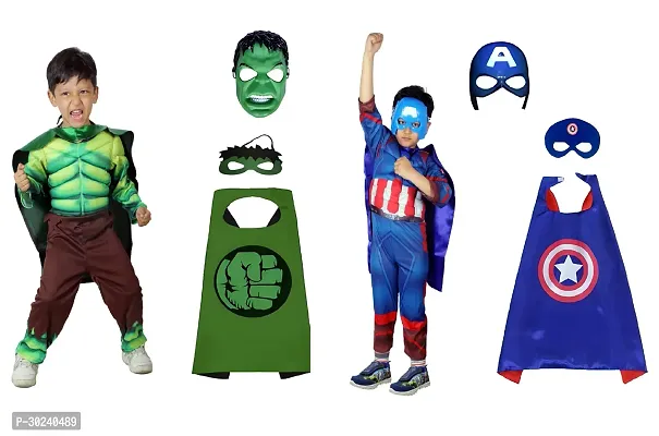 GREENR JOY Pack of 2 Combo Superhero Hulk + Muscle Captain America Costume for kids Halloween Fancy Dress Cosplay Bodysuit for Boys and Girls-thumb0