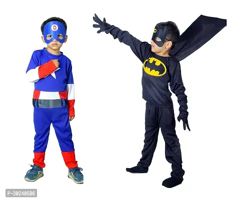 GREENR JOY Pack of 2 Combo Superhero Normal Captain America + Batman Costume for kids Halloween Fancy Dress Cosplay Bodysuit for Boys and Girls-thumb0