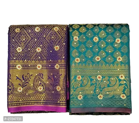 Beautiful Multicoloured Linen Saree with Blouse piece For Women Pack Of 2