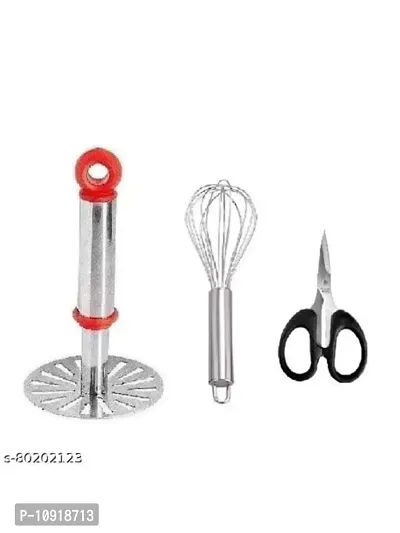 Kitchen Combo Of Stainless Steel Potato Vegetable Pav Bhaji Small Masher And Egg Beater Whisk  Multipurpose Mini Scissor(Pack Of 3 Pcs)