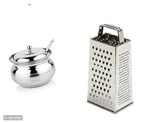 Combo Of Stainless Steel Ghee Pot With Lid And Spoon, 250 Ml With Stainless Steel 5 In 1 Grater And Slicer With 4 Sided For Cheese Vegetable Ginger Garlic(Pack Of 2 Pcs)-thumb0