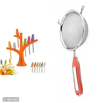 Bird Fork Bird Fruit And Salad Fork Multicoloured 6 Forks In Bird Shape With Tree And Stainless Steel Premiun Quality Soup Juice Strainer(Pack Of 2 Pcs)