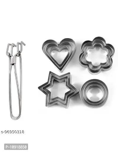 Stainless Steel Wire Pakkad Tong And Stainless Steel Cookie Cutter With 4 Shape 3 Sizes Heart,Round,Star And Flower 12 Pcs(Pack Of 2 Pcs)-thumb0