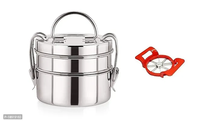 2 Container Stainless Steel Lunch Box With Apple Cutter(Pack Of 2 Pcs)-thumb0