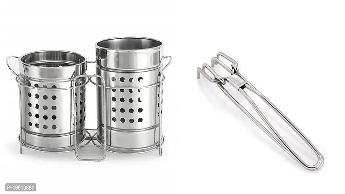 Stainless Steel Twin Cutlery Holder With Stand And Stainless Steel Wire Pakkad Tong(Pack Of 2 Pcs)