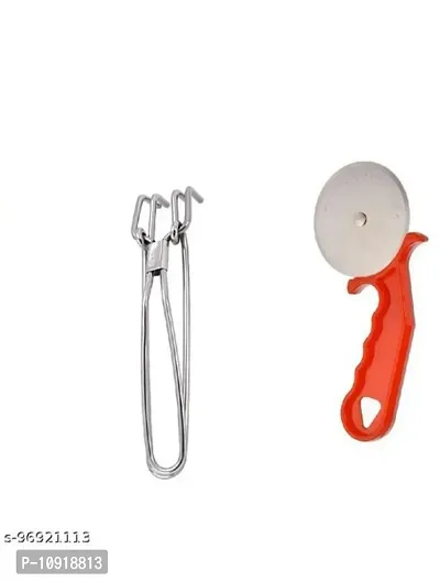 Stainless Steel Wire Pakkad Tong And Plastic Handle Pizza Cutter(Pack Of 2 Pcs)