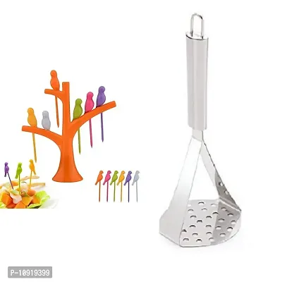 Bird Fork Bird Fruit And Salad Fork Multicoloured 6 Forks In Bird Shape With Tree And Stainless Steel Potato Vegetable Pav Bhaji Big Masher(Pack Of 2 Pcs)-thumb0