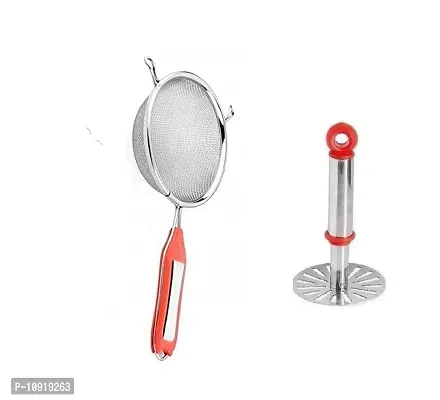 Stainless Steel Premiun Quality Soup Juice Strainer With Stainless Steel Potato Vegetable Pav Bhaji Small Masher(Pack Of 2 Pcs)-thumb0