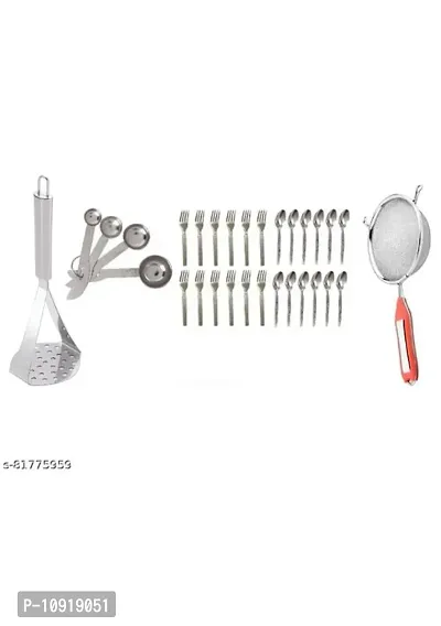 Kitchen Combo Set Of Stainless Steel Potato Vegetable Pav Bhaji Masher With Stainless Steel Measuring Spoon Set And Ss Soup Strainer  12 Pcs Dinning Forks  12 Pcs Dinning Spoon(Pack Of 5 Pcs)