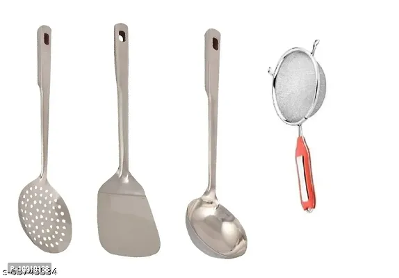 Stainless Steel Cooking Ss Poni, Palta, Chamcha And Stainless Steel Premiun Quality Soup Juice Strainer(Pack Of 4 Pcs)