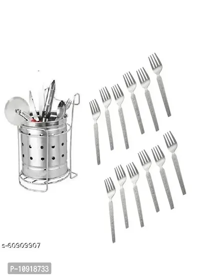 Combo Of Stainless Steel Cutlery Holder With Stand Silver And 12 Pcs, Stainless Steel Forks(Pack Of 2 Pcs)