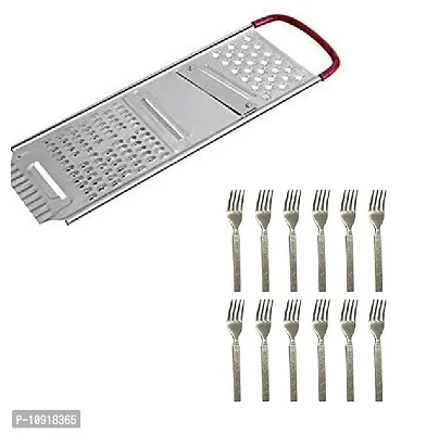 Heavy Stainless Steel Potato Chipser Slicer And Grater Red Handle With 12 Pcs Stainless Steel Dinner Forks For Kitchen(Pack Of 2 Pcs)