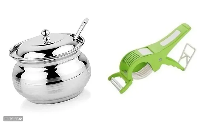 Combo Of Stainless Steel Ghee Pot With Lid And Spoon, 250 Ml With 2 In 1 Plastic Multipurpose Bhindi Cutter(Pack Of 2 Pcs)