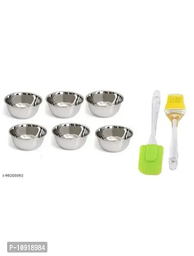 Stainless Steel Chatni/Pickle Mini Katori Bowl Set Of 6 Pieces With Silicon Big Spatula And Brush Set