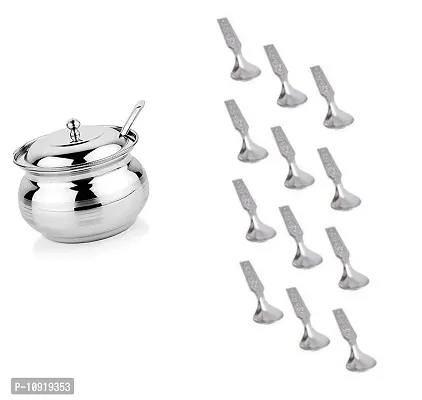 Combo Of Stainless Steel Ghee Pot With Lid And Spoon, 250 Ml With Stainless Steel Dinning Spoon 12 Pcs(Pack Of 2 Pcs)-thumb0