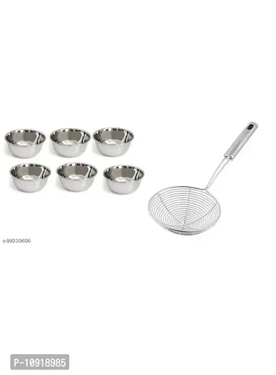 Stainless Steel Chatni/Pickle Mini Katori Bowl Set Of 6 Pieces With Stainless Steel Deep Fry Jhara