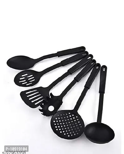 6 Pieces Set Nylon Heat- Resistant Non Stick Spoon Tools, Nylon Spatula Spoon Kitchen Cooking Utensil Tools Set(Black)-thumb0