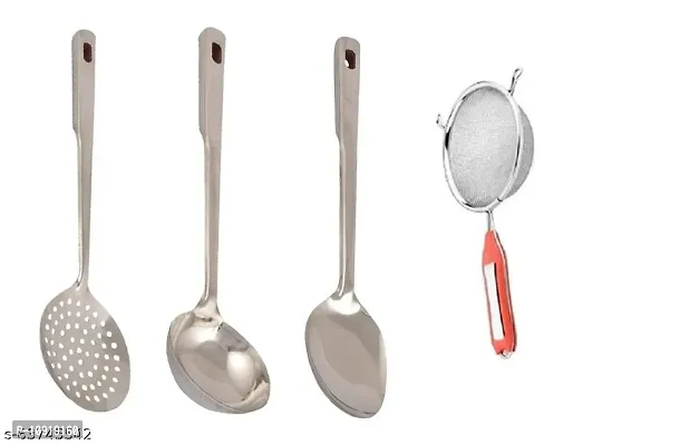 Stainless Steel Cooking Ss Poni, Chamcha, Paan And Stainless Steel Premiun Quality Soup Juice Strainer(Pack Of 4 Pcs)