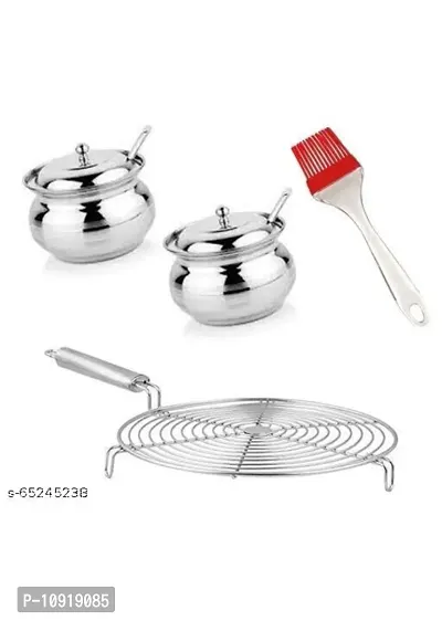 Combo Of Stainless Steel Ghee Pot With Stainless Steel Jali Roti Roast Grill Papad Chicken Tandoor Paneer Roaster Phulka Papad Roasting Jali And Silicon Big Oil Brush(Pack Of 3 Pcs)