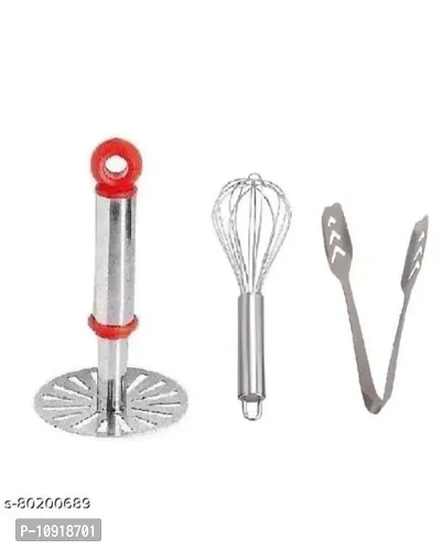 Kitchen Combo Of Stainless Steel Potato Vegetable Pav Bhaji Small Masher, Egg Beater Whisk  Momo Tong(Pack Of 3 Pcs)