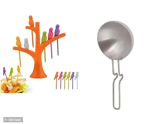 Bird Fork Bird Fruit And Salad Fork Multicoloured 6 Forks In Bird Shape With Tree And Aluminuim Tadka Pan Steel Handle(Pack Of 2 Pcs)