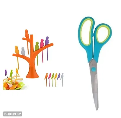 Bird Fork Bird Fruit And Salad Fork Multicoloured 6 Forks In Bird Shape With Tree And Multipurpose Big Scissor(Pack Of 2 Pcs)