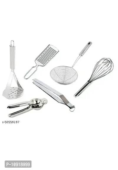 Stainless Steel Kitchen Tool Combo Set Deep Fry+ Big Masher+ Chimta+ Whisk+ Lemon+ Cheese Grater(Pack Of 6 Pcs)-thumb0