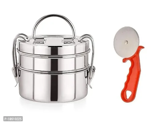 2 Container Stainless Steel Lunch Box With Plastic Handle Steel Pizza Cutter (Pack Of 2 Pcs)