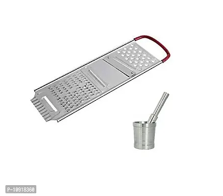 Heavy Stainless Steel Potato Chipser Slicer And Grater Red Handle With Aluminum Mortal  Pestal Set Khallad Khal Batta, Silver(Pack Of 2 Pcs)-thumb0